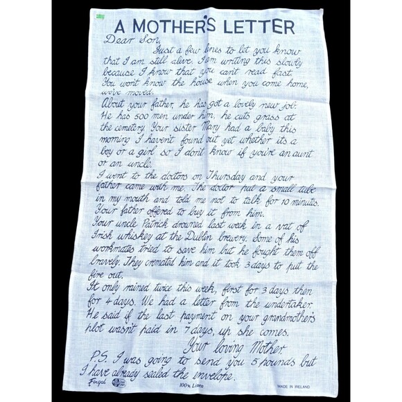 VTG Fingal Humorous MOTHERS LETTER Irish Linen Tea Towel /Wall Hanging Ireland - Picture 1 of 7